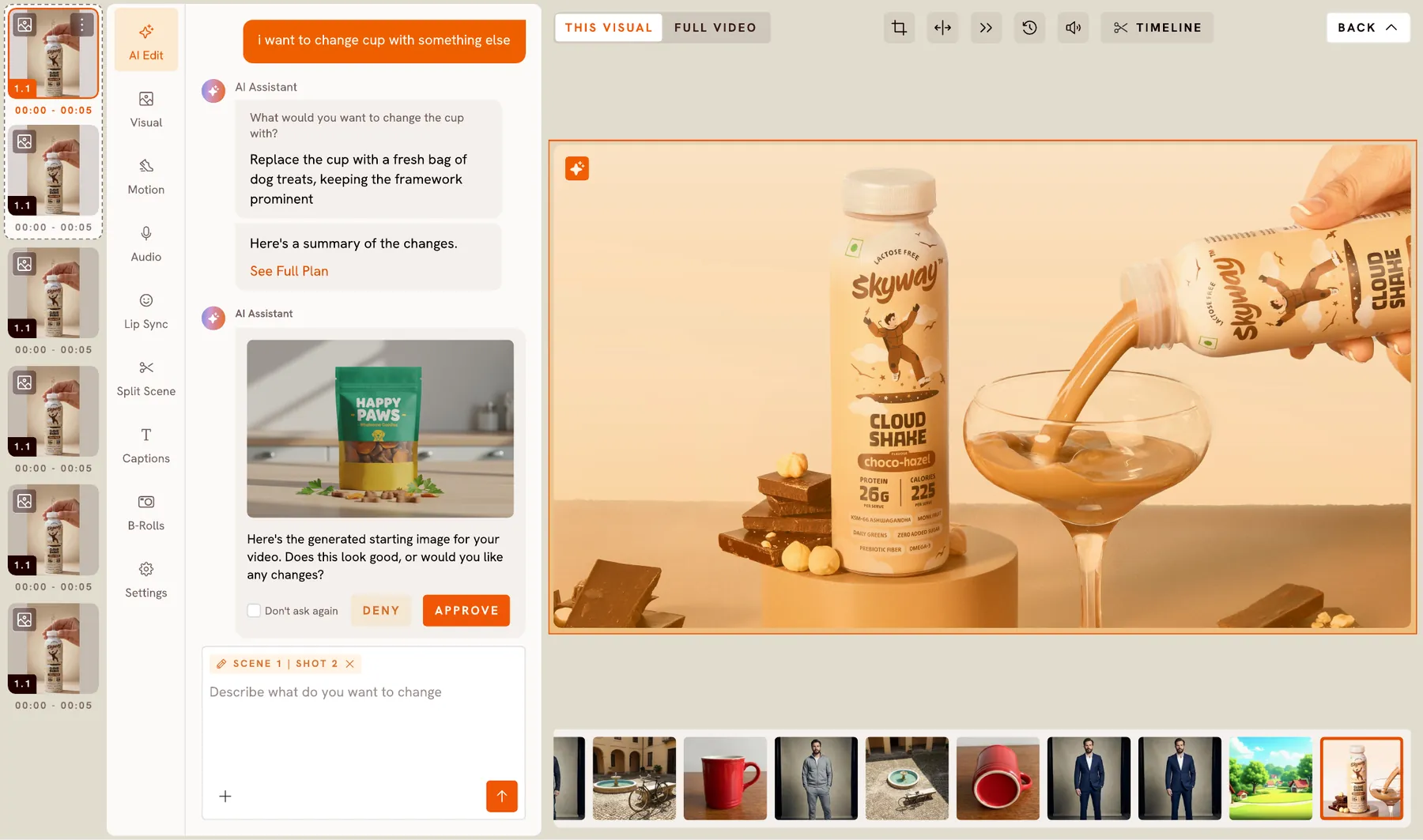 AI Edit shows the new starting image, a bag of dog treats, and asks Does this look good? with Deny and Approve