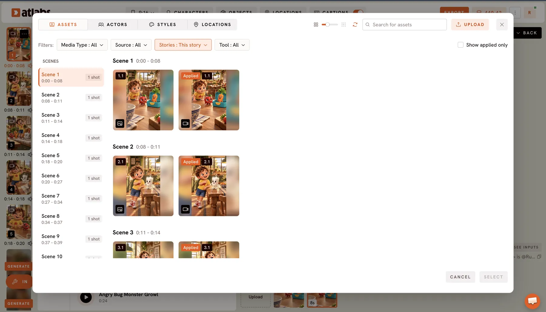 Assets library: Every version made for this story, by scene. The one in use says Applied.