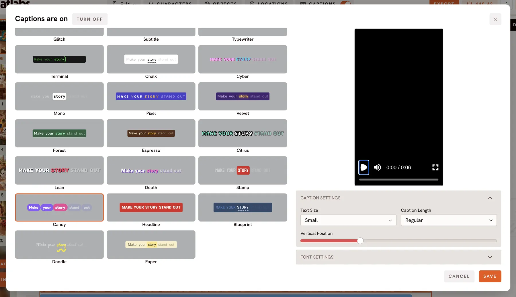Caption styles: 20+ styles with a live preview, set once for the whole video.