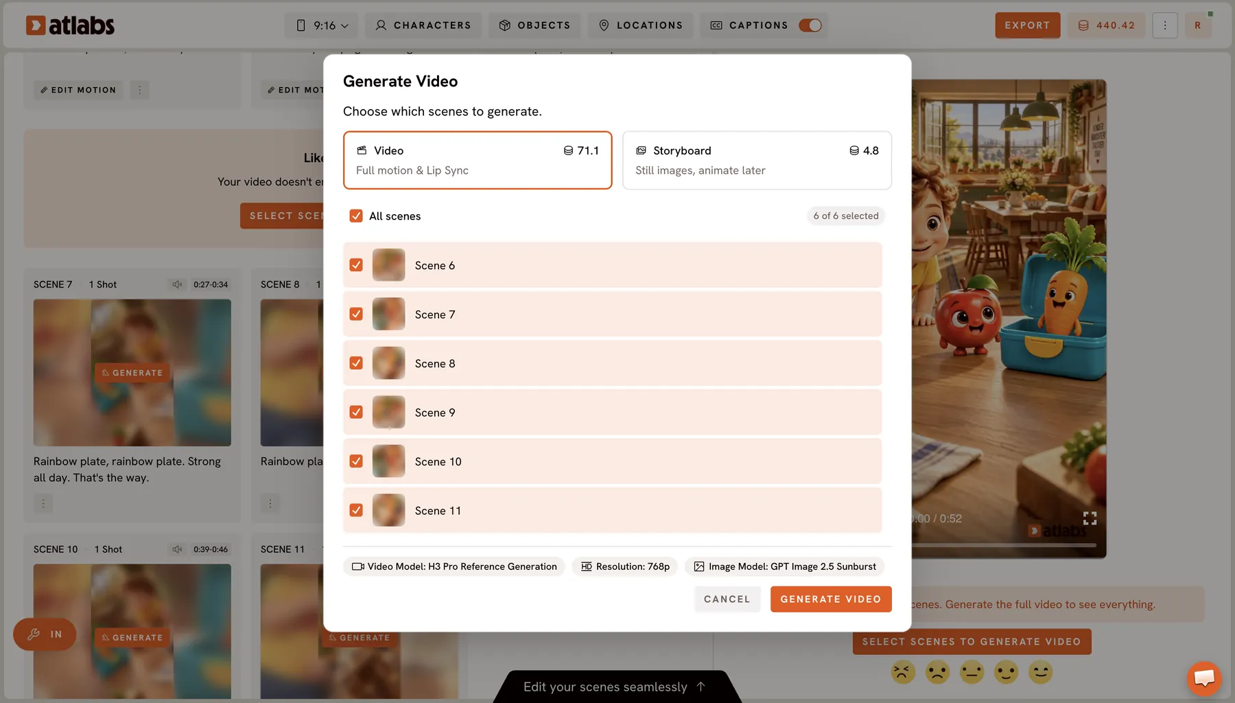Generate video: Pick the scenes that are left, as video or storyboard, with the cost shown.