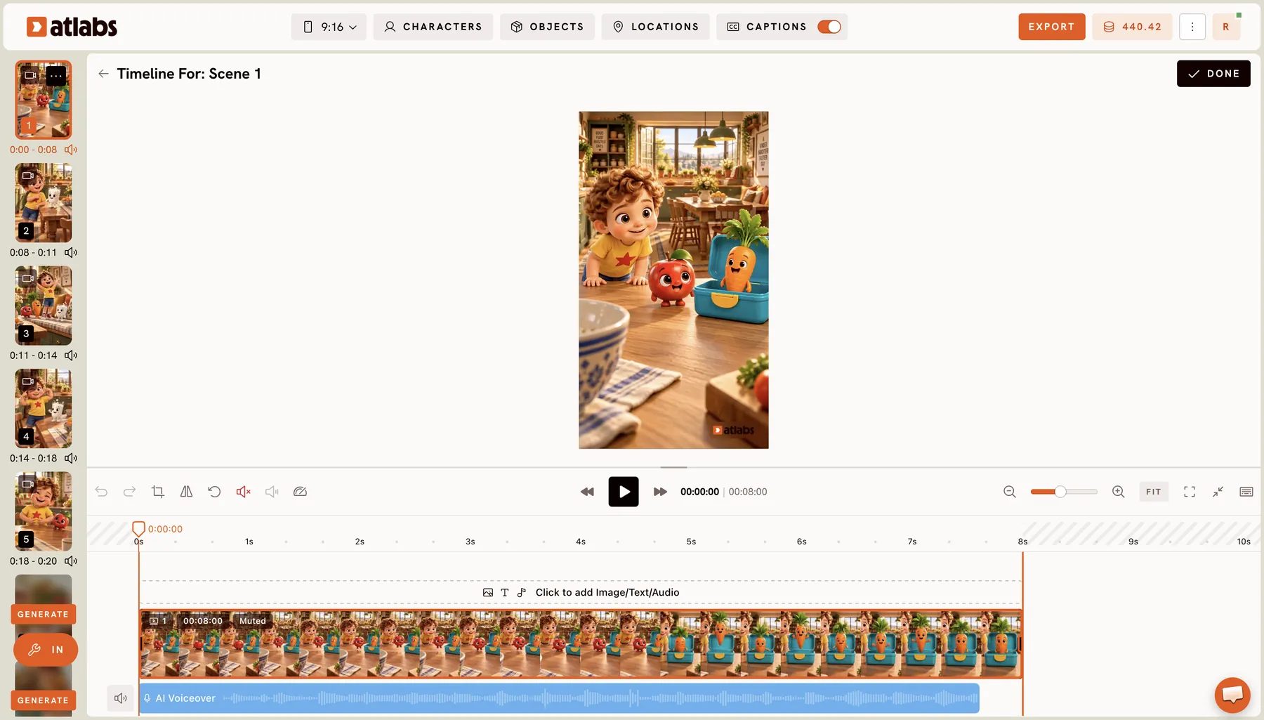 Timeline: The scene second by second: trim, crop, speed, and lanes for images, text and audio.