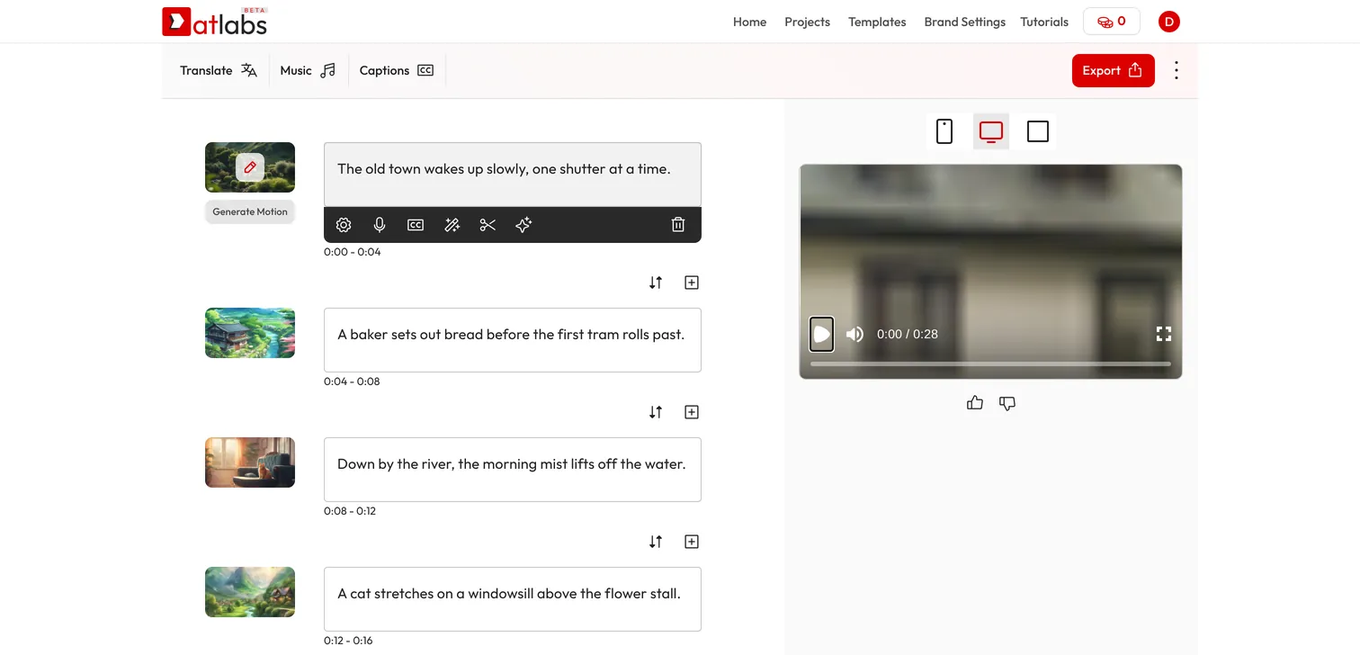 The old story page: a list of scenes, each a still image with its line of script, small tool icons under each scene, and a preview player on the right