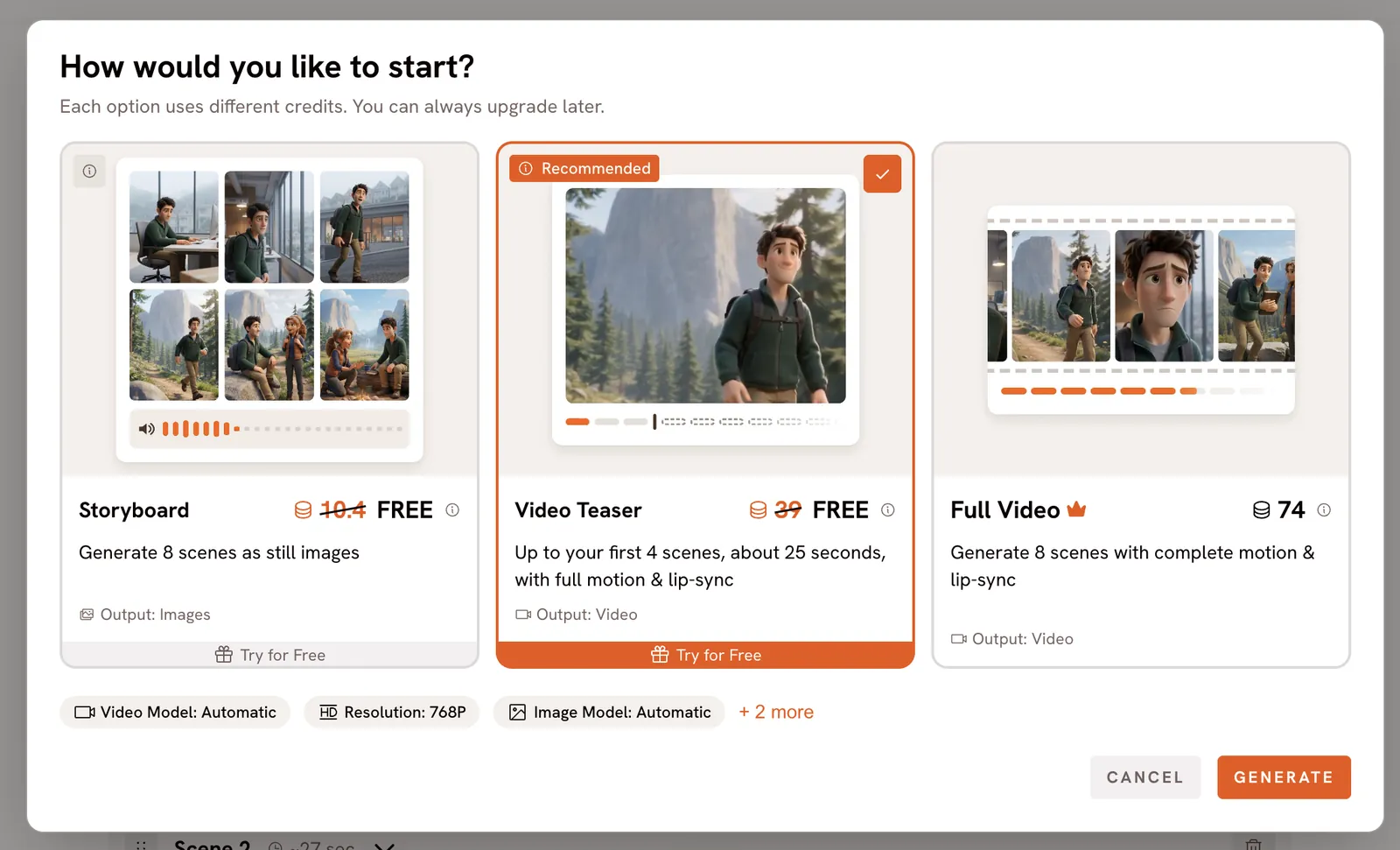 Free start screen: Storyboard free (10.4 credits struck out), Video Teaser free and recommended (39 struck out), Full Video 74 credits with a crown