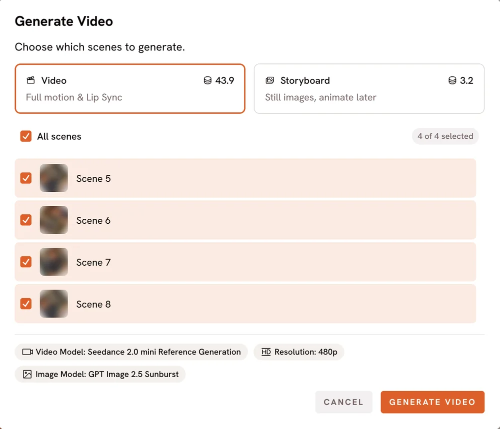 The Generate Video popup: choose Video or Storyboard and tick the scenes to make