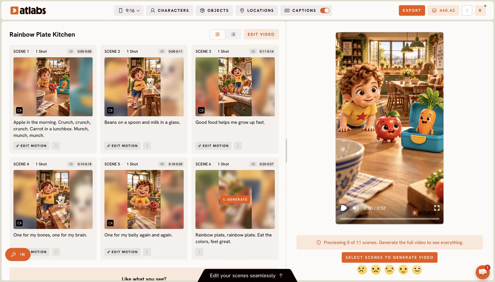 Paid story page after the teaser: scenes 1 to 5 play, scene 6 blurred with a Generate button, and Select scenes to generate video under the player