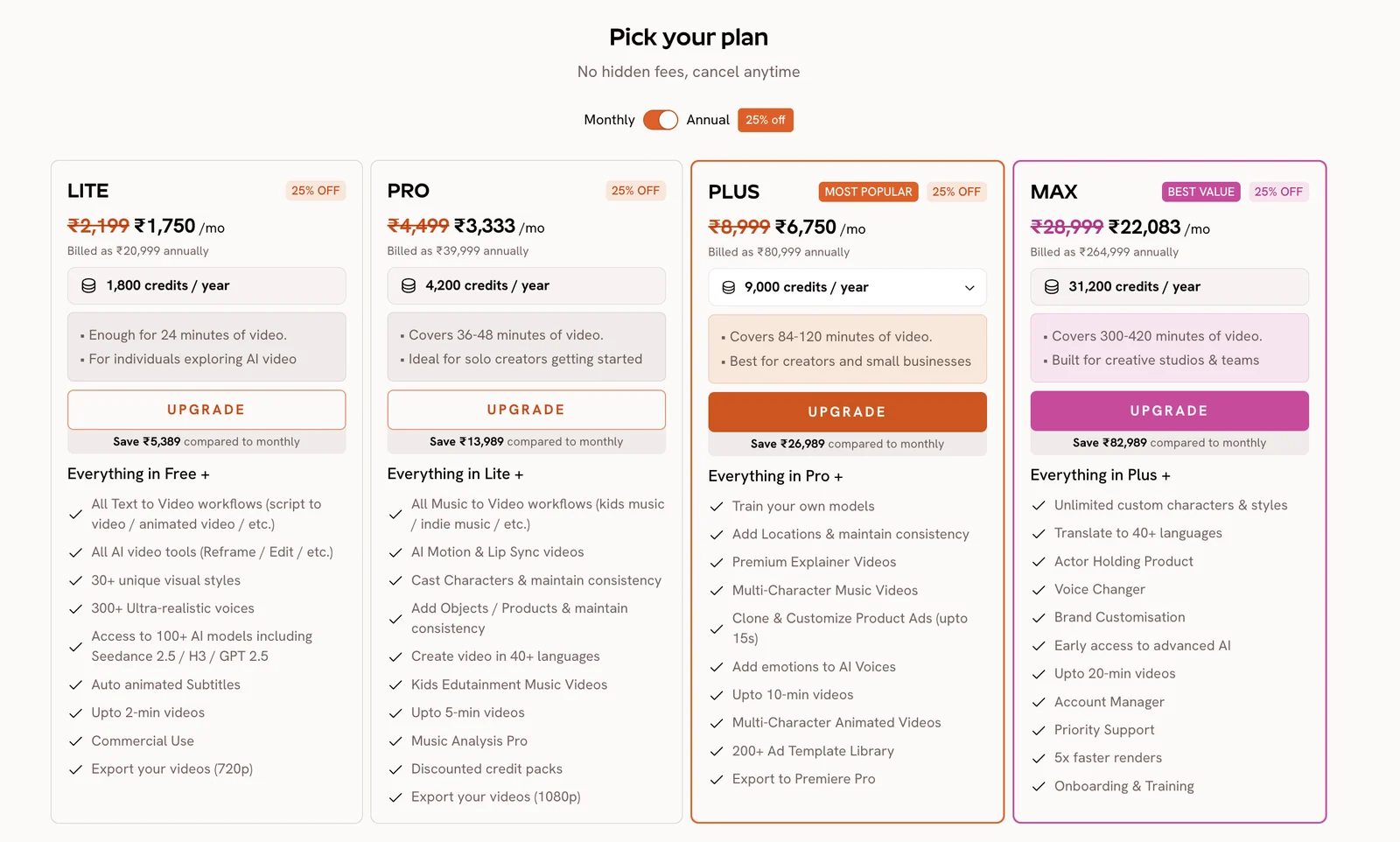 The plans page with Lite, Pro, Plus and Max plans