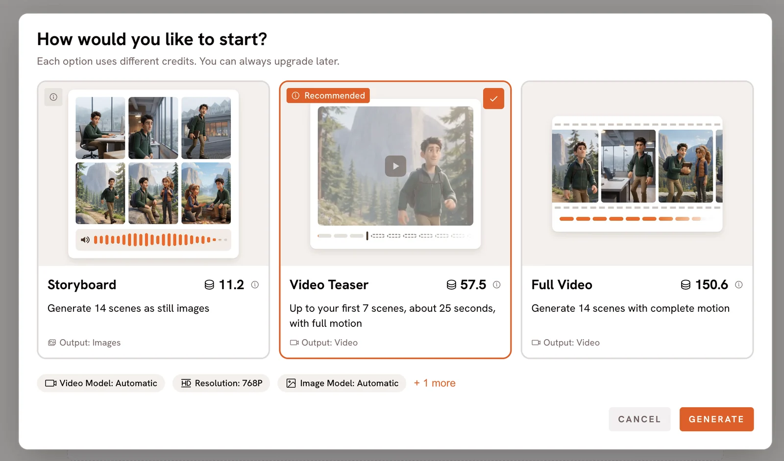 Paid start screen: Storyboard 11.2 credits, Video teaser 57.5 credits (recommended), Full video 150.6 credits