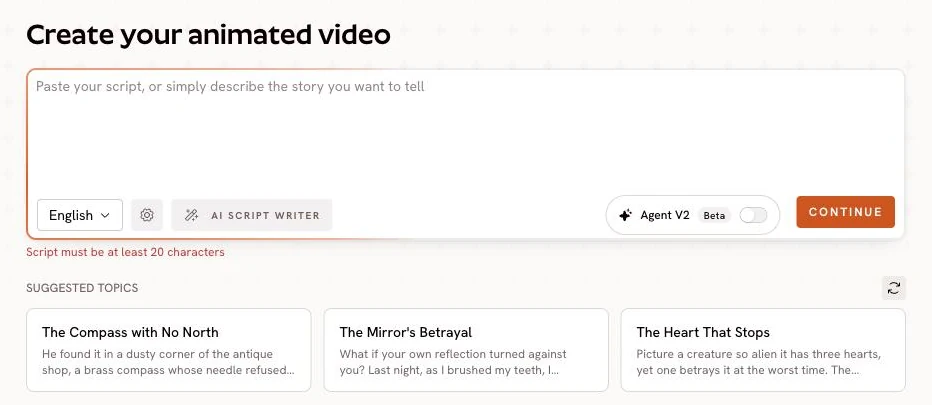 The live wizard: Continue stays active, and an inline message says the script must be at least 20 characters