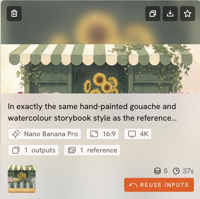 Hover card on a past image showing its prompt, chips for model, ratio, resolution, outputs and references, its credits and time, and an orange Reuse Inputs button