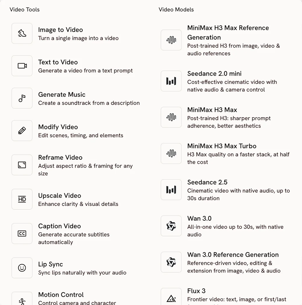 The Video menu: a Tools column and a Models column