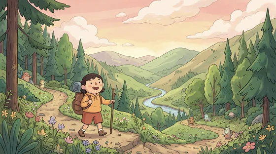 A past generation: an illustrated hiker on a forest trail above a river valley