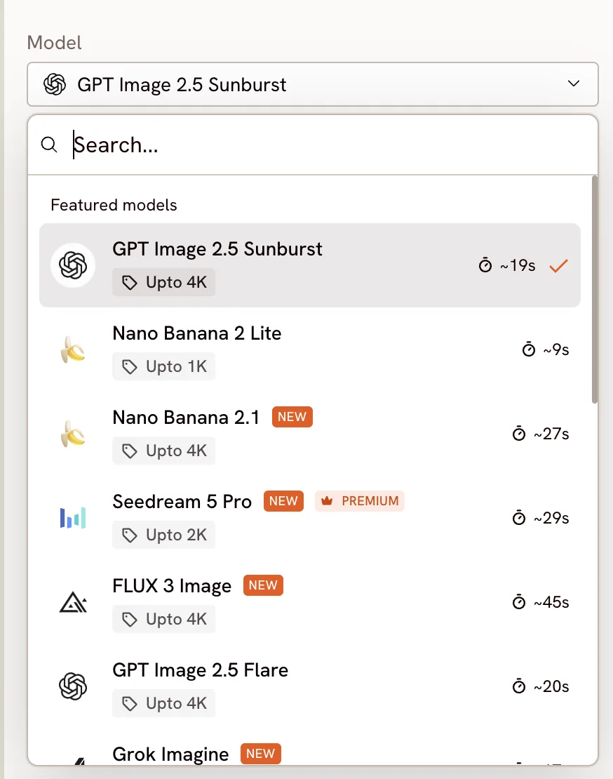 The model picker: a search field, then a Featured models list where each row shows an estimated time, a maximum resolution, and NEW or PREMIUM badges