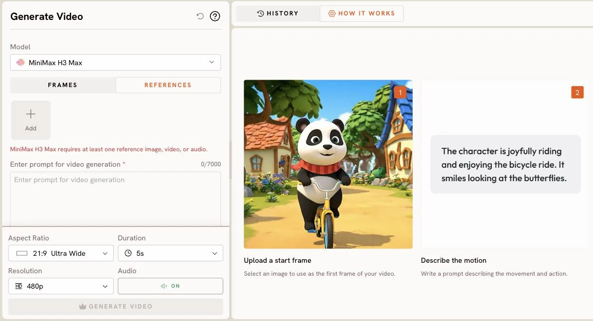 Generate Video: model, frames and prompt inputs on the left, a How it works guide on the right