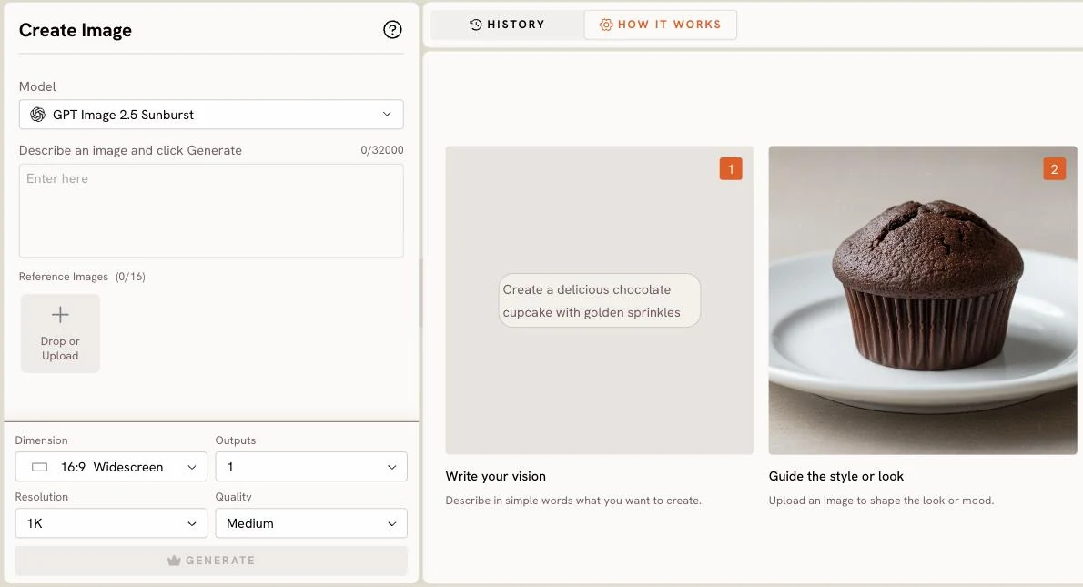 Create Image: model, prompt and reference inputs on the left, a three-step How it works guide on the right