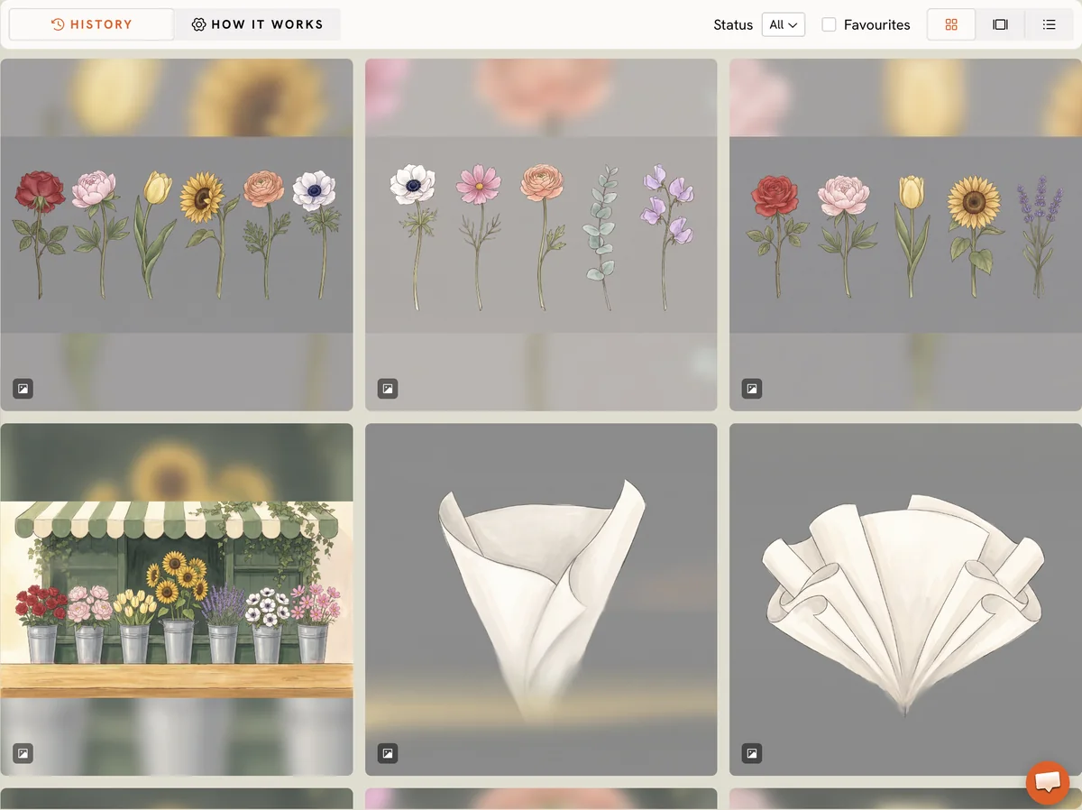 History in grid view: generated images in a three-column grid