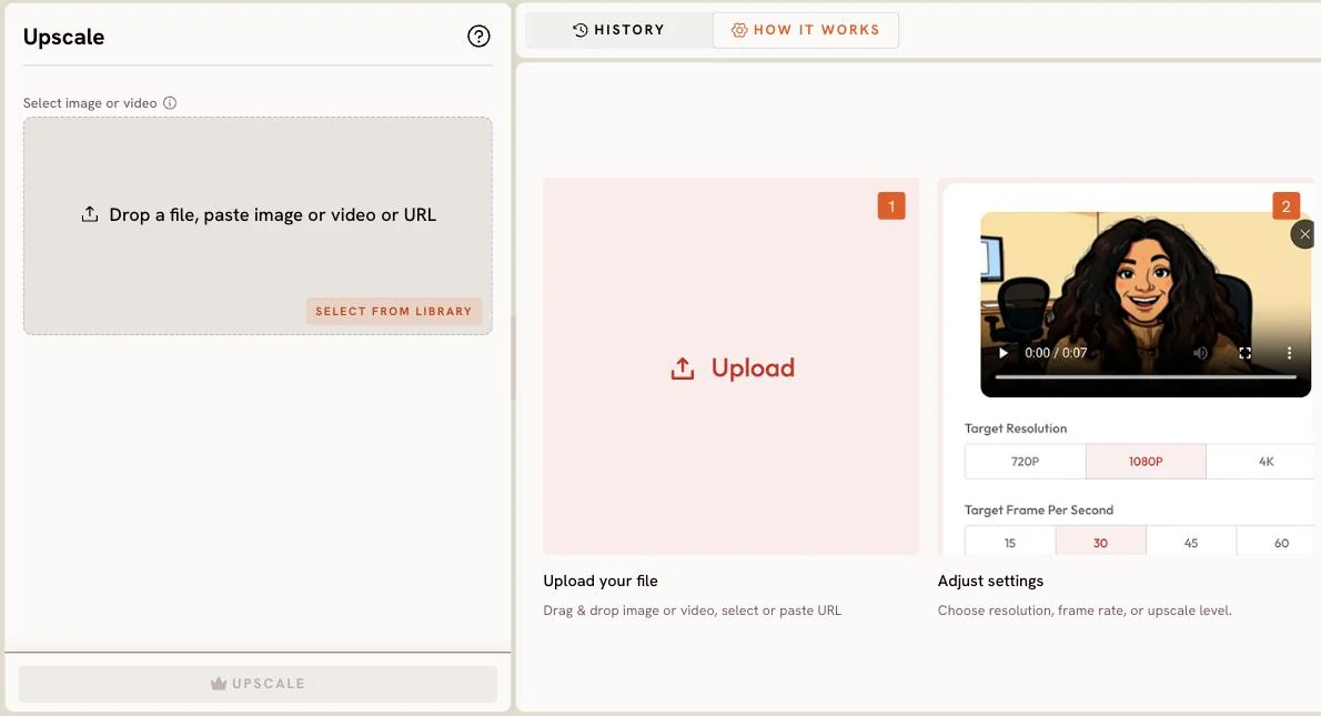 Upscale: a file drop zone on the left, a How it works guide on the right