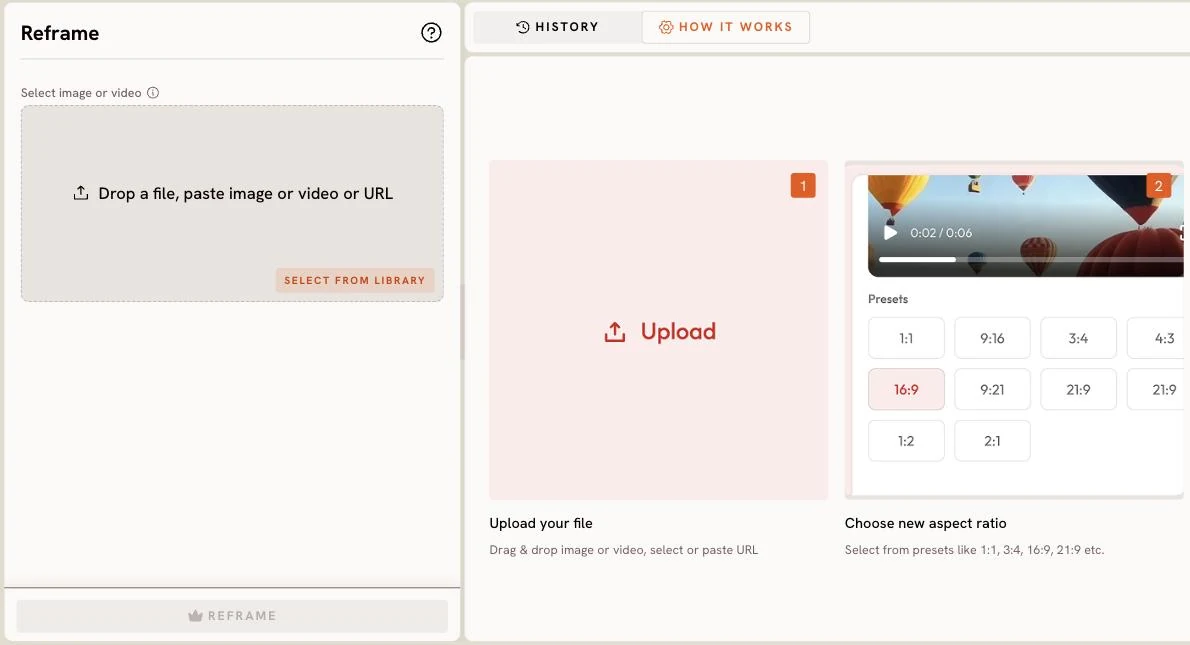 Reframe: a file drop zone on the left, a How it works guide on the right