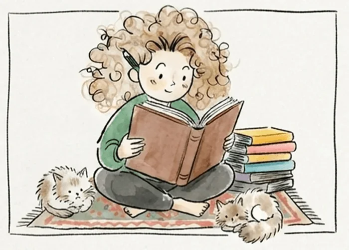 Watercolour girl reading with two cats
