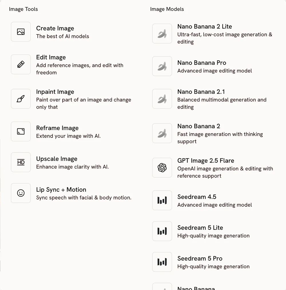 The Image menu: a Tools column and a Models column